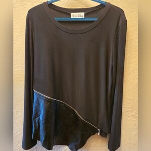 Joseph Ribkoff Asymmetrical Zip Top Black • Faux Leather Hem Minimalist Designer